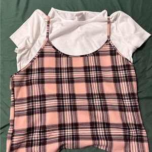Pink Plaid Spaghetti Strap Top with White Tee
